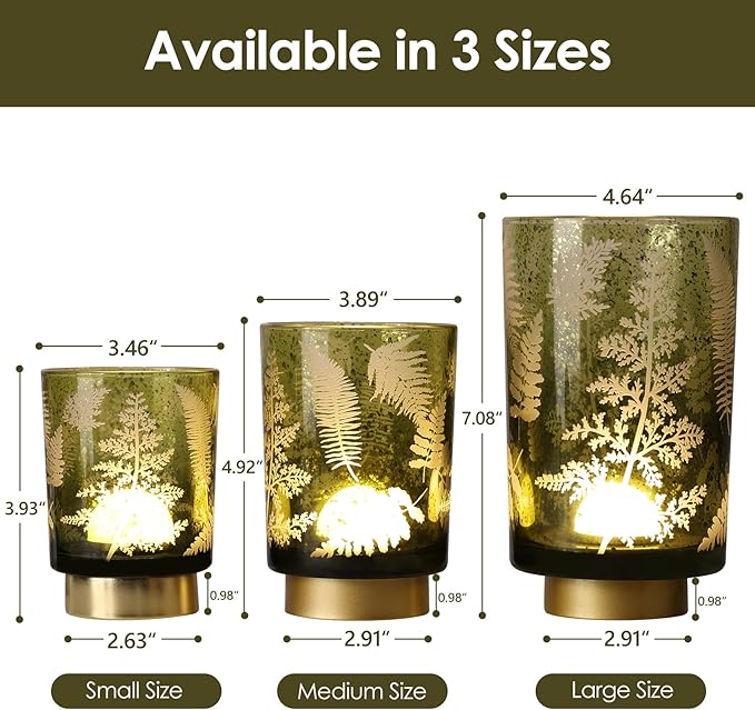 Eywamage Small Battery Operated Glass Table Lamp, Boho Green Ferns Mood Light with Remote, Cordless Bedside Accent Lamp Room Decor