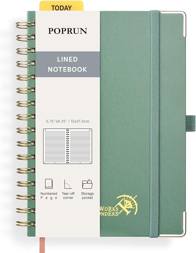 POPRUN Lined Spiral Journal Notebook [A5-5.75'' x 8.25''] -120 GSM Thick Paper, 141 Numbered Pages, College Ruled Notebook for Men & Women with Pocket, Index Tabs, 8 Perforated Sheets, Midnight Green