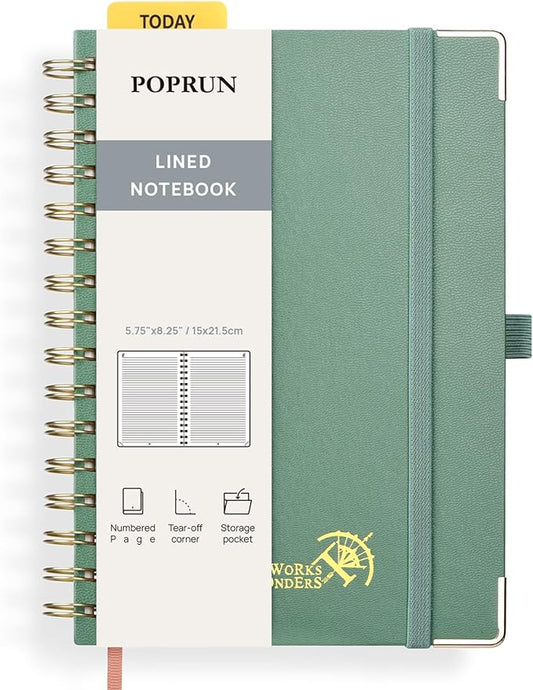 POPRUN Lined Spiral Journal Notebook [A5-5.75'' x 8.25''] -120 GSM Thick Paper, 141 Numbered Pages, College Ruled Notebook for Men & Women with Pocket, Index Tabs, 8 Perforated Sheets, Midnight Green