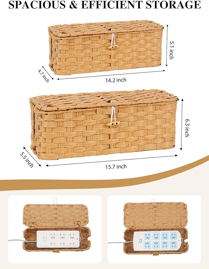 Temary Cable Management Box with Lids, 2-Pack Handmade Cable Organizer Boxes for Home, Office to Hide Cords and Power Strip, Cord Cover Floor Hider Set Woven Rattan Cable Organizer Box