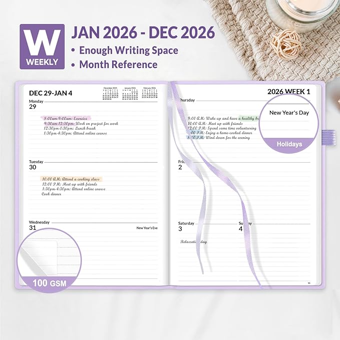 SUNEE 2026 Weekly & Monthly Hardcover Planner 5.5" x 8.3" - 12 Month (January 2026 - December 2026), Small Hardcover Planner, Pocket, Notes, 100 GSM Paper, Purple