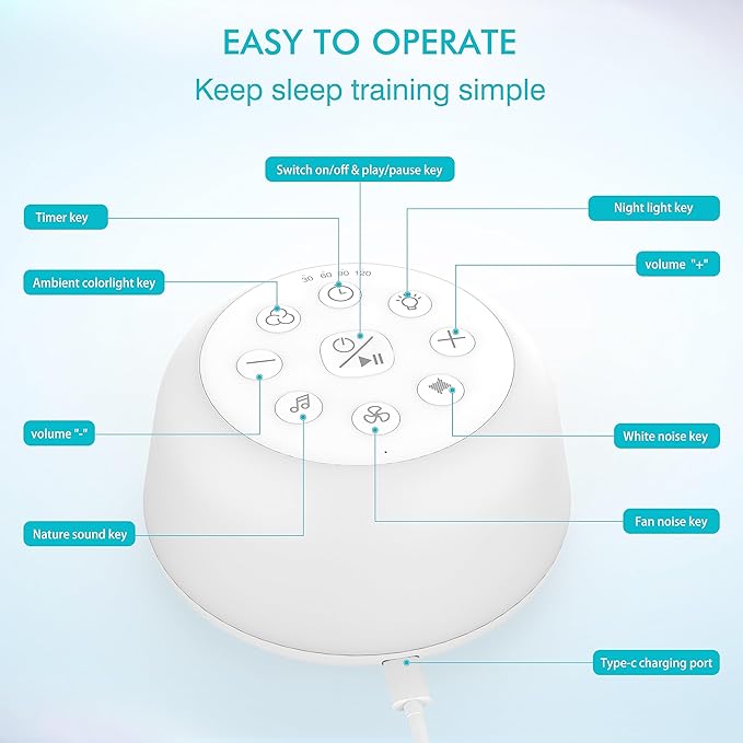 Rechargeable White Noise Machine with 9 Colors Night Light, Portable Sound Machine for Baby Adult Sleeping with 26 Soothing Sounds/4 Levels Brightness/5 Timers/32 Levels Volume for Home, Travel, Gift