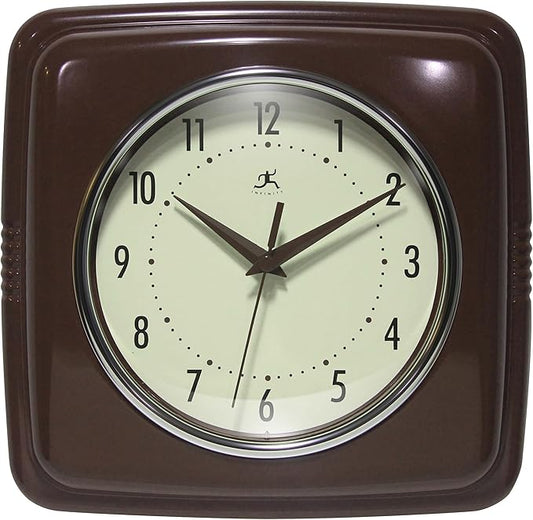 Infinity Instruments Square Retro Wall Clock, Mahogany, 9.25"