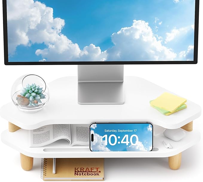 Monitor Stand Riser,2 Tier Corner Wood Monitor Stand Sturdy Computer Stand Multi-Purpose Desktop Storage Stand for Laptop,PC,iMac,Printer,Computer,White