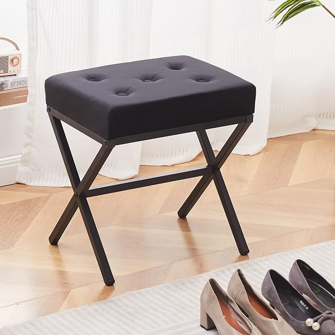 Wimarsbon Ottoman Foot Stool Tufted Vanity Stool Ottomans Thickened Cushion Footstool Mulifunctional Shoe Changing Seat Step Stools with Metal X Leg for Living Room Bedroom Velvet Black