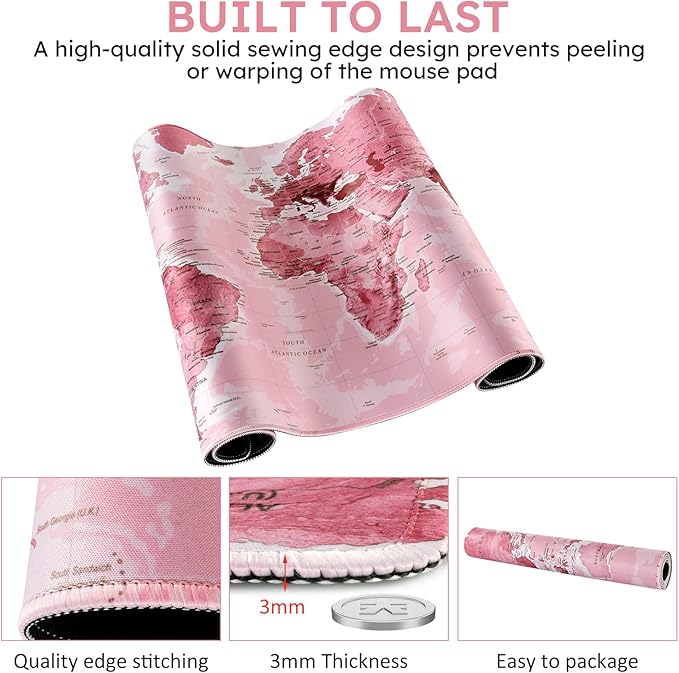 iCasso Extended Gaming Mouse Pad (35.4x15.7 in), Large 3mm Non-Slip Rubber Base Mousepad with Stitched Edges, Waterproof Keyboard Mouse Mat Desk Pad for Work, Game, Office, Home - Pink World