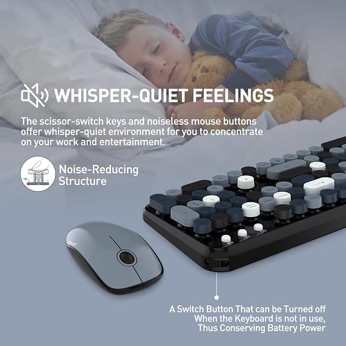 Keyboard and Mouse Wireless,Cute Retro Wireless Keyboard Mouse Combo with Round Key,2.4Ghz Dropout-Free Connection,Typewriter Keyboard Mouse Set for PC Laptop Desktop Computer-Grey Colorful