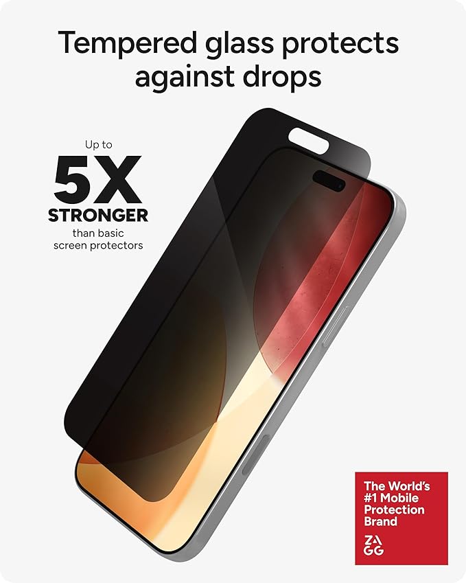 ZAGG Glass Elite Privacy Screen Protector for iPhone 17 Pro Max - 5X Stronger Tempered Glass, ClearPrint Technology for Smudge Free Clarity, Smooth Feel, Full Coverage, InvisibleShield, Easy Two-Step Installation