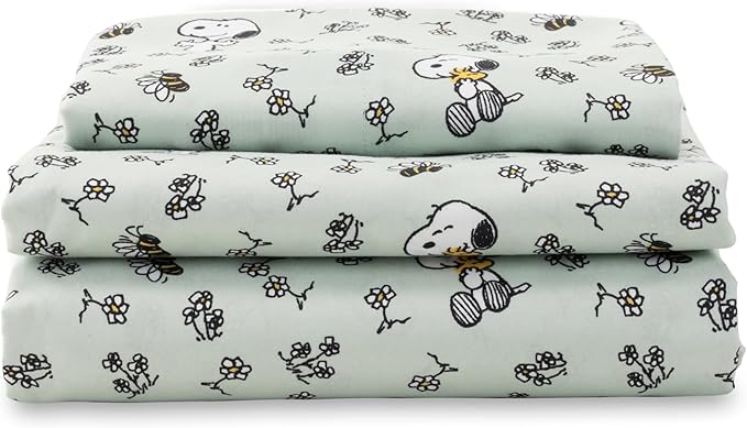 Berkshire Blanket Peanuts® Kids Sheet Set Twin Size - 3 Pieces,Cute Character Snoopy Printed Soft Microfiber Bed Sheets,Mini Snoopy & Woodstock New Flower and Bees Sage