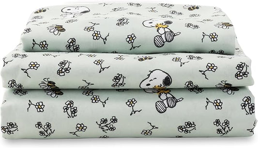Berkshire Blanket Peanuts® Kids Sheet Set Twin Size - 3 Pieces,Cute Character Snoopy Printed Soft Microfiber Bed Sheets,Mini Snoopy & Woodstock New Flower and Bees Sage