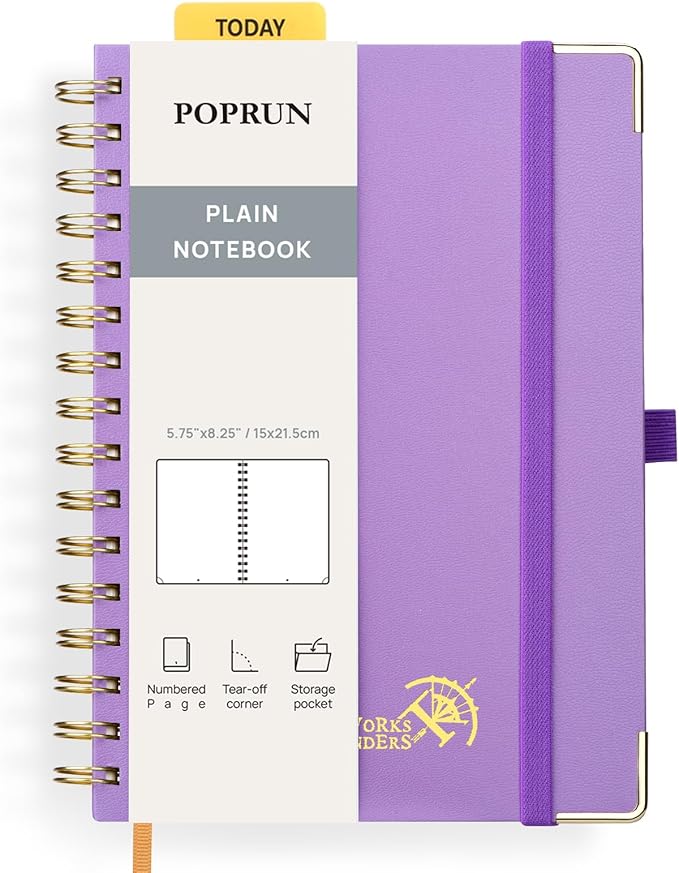 POPRUN Blank Journal Notebook, [A5-5.75'' x 8.25''] - 120 GSM Thick Paper, 141 Numbered Pages, Spiral Hardcover for Men & Women with Pocket, Index Tabs, 8 Perforated Sheets, Violet