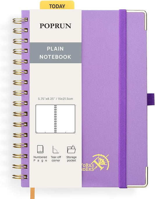 POPRUN Blank Journal Notebook, [A5-5.75'' x 8.25''] - 120 GSM Thick Paper, 141 Numbered Pages, Spiral Hardcover for Men & Women with Pocket, Index Tabs, 8 Perforated Sheets, Violet