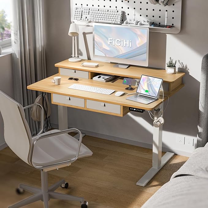 Adjustable Height Standing Desk with 4 Drawers,48 x 30 inches Electric Sit Stand Home Office Desk with Two Tiers, 3 Memory Presets, Monitor Stand Riser, USB A/C Charging Port