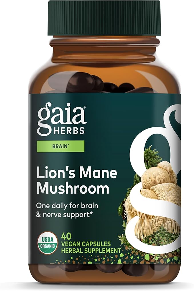 Gaia Herbs Lion’s Mane Mushroom - Brain & Nerve Health Support - 40 Vegan Capsules