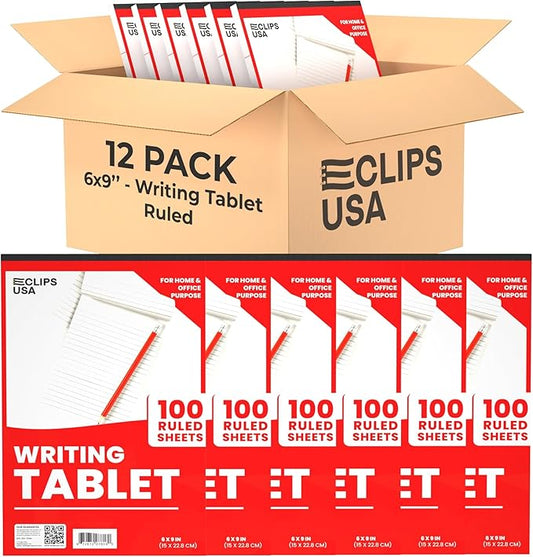 E-CLIPS USA Notepads, Ruled Writing Tablet, Note Pads 6 x 9, Small Notepads, Memo Pad, White, Chipboard Back, Writing Pad, Office Supplies, 100 Sheets Per Pad (12 Pack)