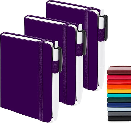 feela 3 Pack Pocket Notebook Journals, Mini Cute Small Journal Notebook Bulk Hardcover College Ruled Notepad with Pen Holder for Office School Supplies, with 3 Black Pens, 3.5”x 5.5”, A6, Purple