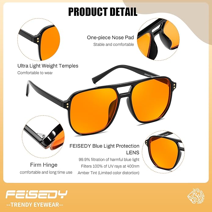 FEISEDY Amber Blue Light Glasses for Computer Gaming Anti Eyestrain Sleep Glasses G2835