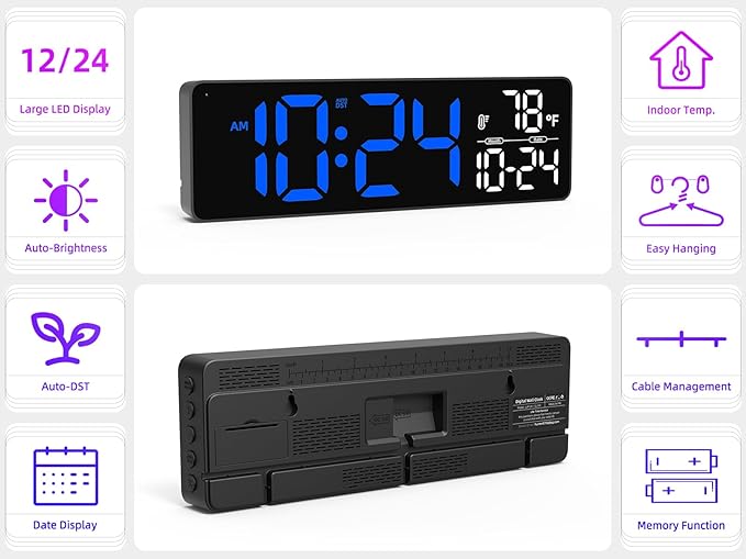 Large LED Digital Wall Clock with Date, Temperature, Auto-Brightness, Auto-DST | Big Digital Clock for Bedroom, Desk, Classroom, Living Room, Kitchen, Office, Gym, Farmhouse, Xmas Gift for Seniors