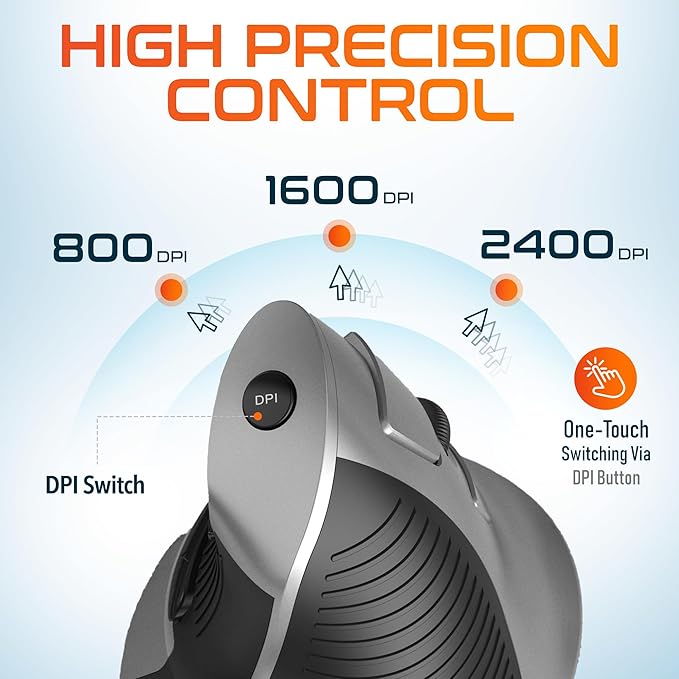 Delton S22 Vertical Wireless Mouse, Ergonomic Design, 2.4G USB Dongle, 6 Buttons, 3 Adjustable DPI Levels (800/1600/2400), Removable Palm Rest, Silent Click & Durable for PC, Laptop, MacBook - Black