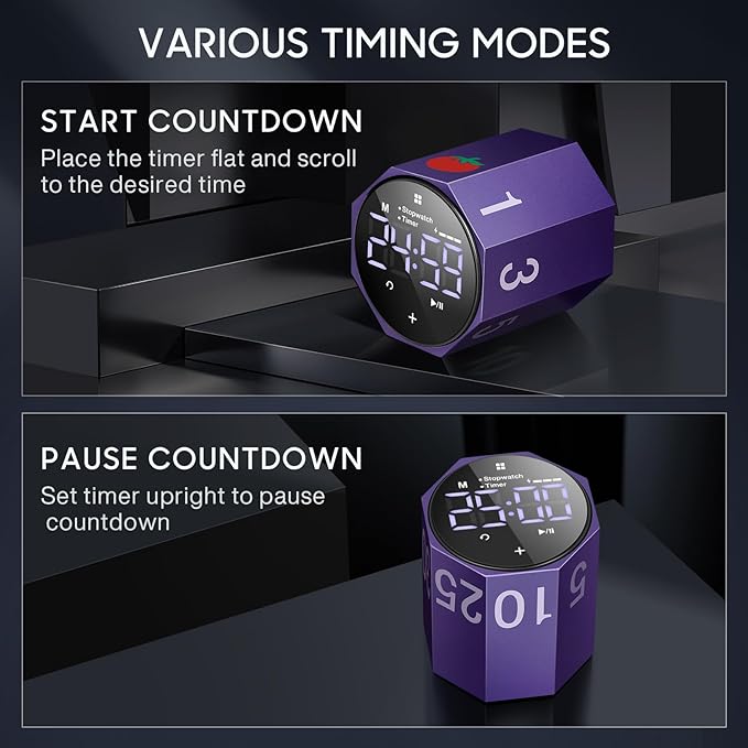Digital Pomodoro Timer,Frosted Metal Productivity Cube Timer,1.8 in LED Digital Large Screen,Auto-Rotating Display,1/3/5/10/25/30/60min & Custom Time, Silent & Alarm,for Office, Study, Work(Purple)
