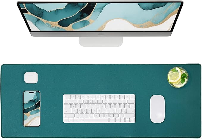ALOANES Dark Green Waterproof Desk Mat,Large Extended Mouse Mat,Office Desk Protector with Anti-Slip Base,Stitched Edge,Grain Jacquard Surface,Perfect for Gamer,Office&Home, XL(11.81''x27.56''x0.12'')