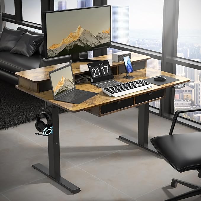 48 * 30 Inches Electric Standing Widened Desk Adjustable Height with 4 Drawers, Double Storage Shelves Stand Up Desk, Home Office Workstation Sit Stand up Desk (Rustic Brown)