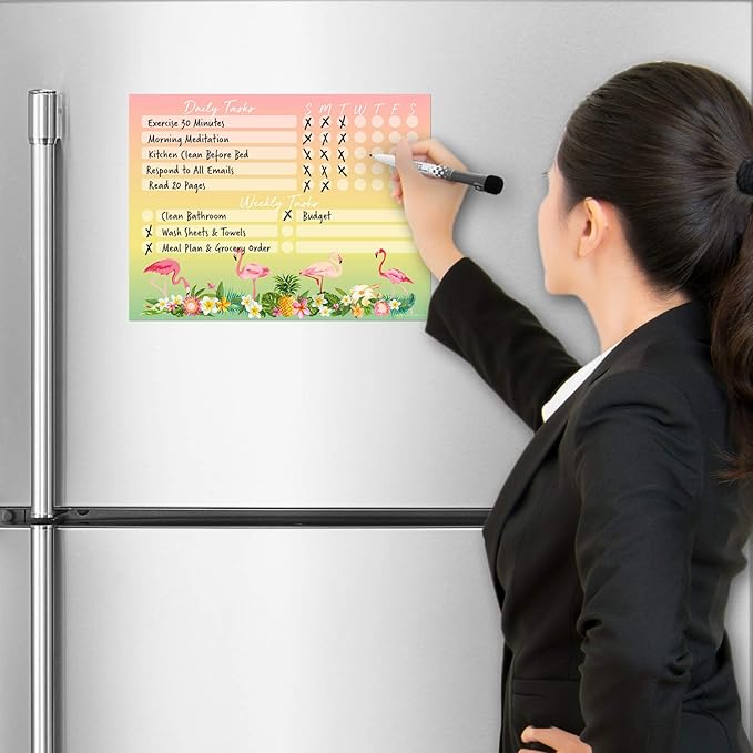 Dry Erase Whiteboard Task Planner | Removable and Restickable Adhesive Decal | Fine-Tip Magnetic Marker Included (9 x 12 inches, Tropical)