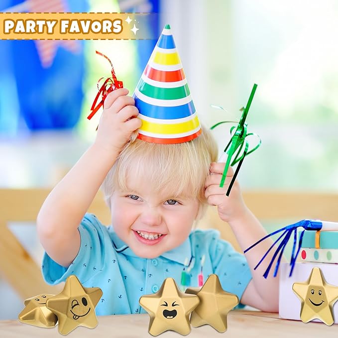 Deekin 24 Pieces 3.1 Inch Star Stress Balls Gold Mini Foam Ball Star Stress Toys Bulk Stress Relief Gifts for Coworkers Adult Goodie Bag Stuffers Teen Party Favors School Office Award(Smile Face)