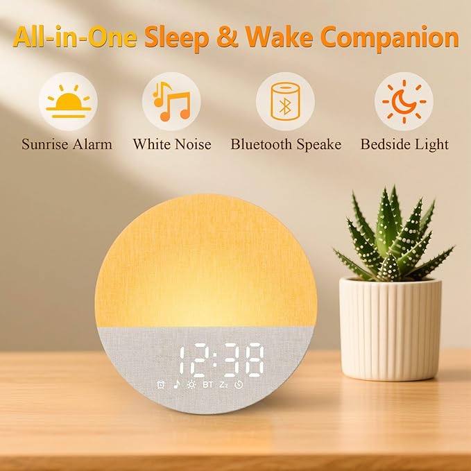 Sunrise Alarm Clock for Morning Wake-up: Gentle Gradual Wake Up Light for Heavy Sleepers Relieve Stress - Linen-Wrapped for Bedroom - 30 Sleep Sounds White Noise Machine with Memory & Bluetooth