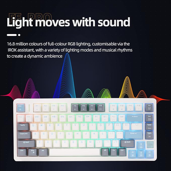 IROK FE75Pro Wireless RGB Hot Swappable Mechanical Keyboard, Three-Layer Dampening 81 Keys Gaming Keyboard, Customizable Backlit, USB-C/2.4GHz/Bluetooth- White/Blue