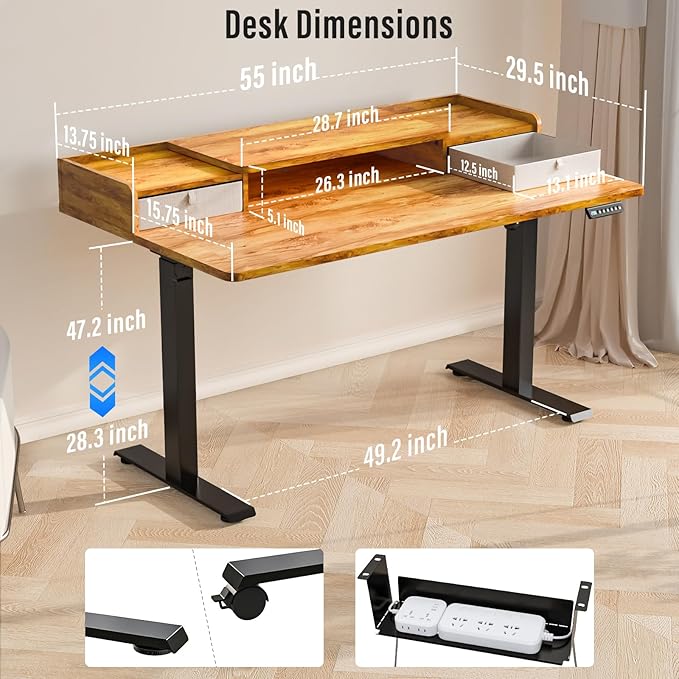 Kingant 55" x 30" Standing Desk with Drawers, Large Desktop, Ergonomic Sit Stand Desk for Home Office Work, Cable Management, 3 Preset Heights & 2 Hooks, Light Rustic