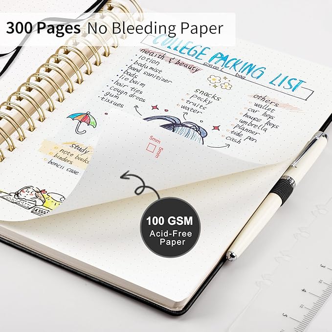 EMSHOI Bullet Dotted Journal Spiral Notebook - 300 Pages, A4 Hardcover Leather, 100 GSM Thick Dot Grid Notebook for Women Men Work Writing, Bullet Journaling, Drawing, 8.27" x 11.2", Black