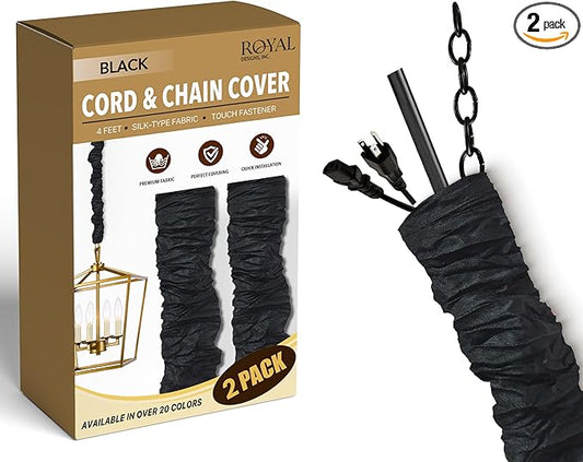 Royal Designs, Inc. Cord & Chain Cover 4 ft Silk Type Fabric, Chandelier Pendant Lighting Chain & Cable Management, Touch Fastener, Black - 2 Pack