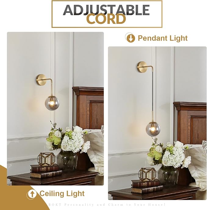BOKT Mid Century Modern Wall Sconce Gold Wall Sconce Light Smoke Gray Glass Round Wall Lighting Fixture Brushed Brass Minimalist Adjustable Bar Wall Lamp (Gold+Smoky Grey)