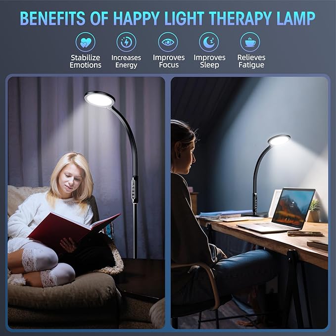 Happy Light Therapy lamp 11000 Lux,LED UV-Free Sunlight lamp,Full Spectrum Happy Therapy lamp with 10 Adjustable Brightness Levels,2 in 1 Retractable Floor Sad Lamp (Black)