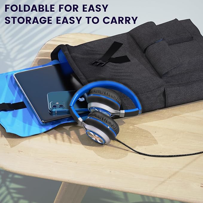 INFURTURE USB C Headphones with Mic & Volume Control, Wired Headphones Type C Only 191g Lightweight Foldable for Smartphone/Tablet, Plug-in Corded Headphone Over Ear (Blue