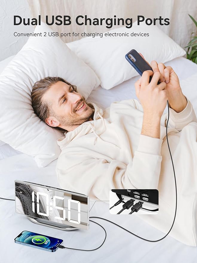 Digital Clock for Living Room, Slim LED Mirror Digital Alarm Clock with 2 USB Ports, Dual Alarms, 12/24H, Large Display with Diming Mode, Modern Electronic Clock for Bedroom Home Office Desk Decor