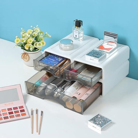 White Desktop Drawers for Paper, Stackable Office Storage Drawers for Desk, Craft Organizer and Storage Bins, 3 Mixed Storage Container with Plastic Drawers for Office Supplies