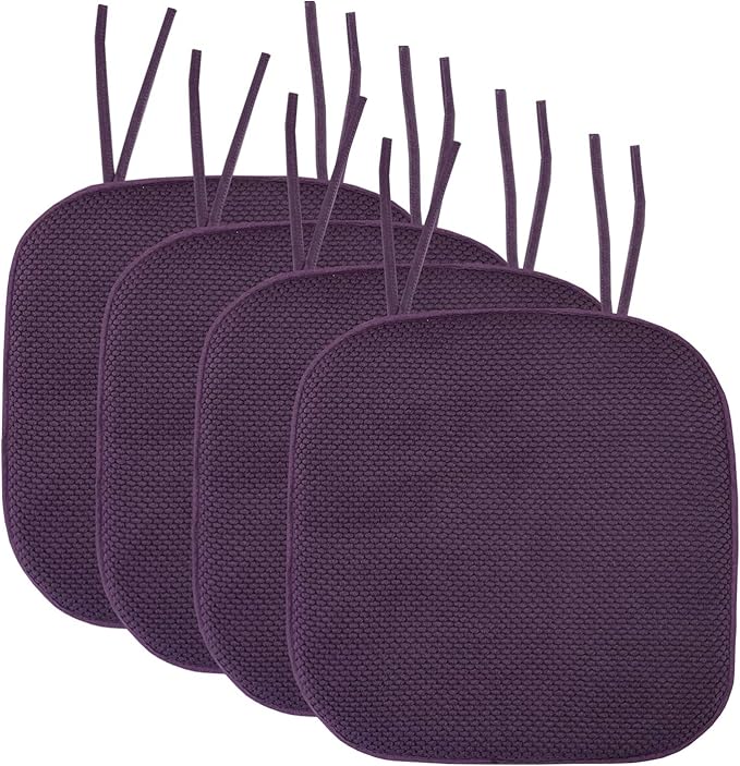 Sweet Home Collection Chair Cushion Memory Foam Pads with Ties Honeycomb Pattern Slip Non Skid Rubber Back Rounded Square 16" x 16" Seat Cover, 4 Pack, Eggplant Purple 4 Pack