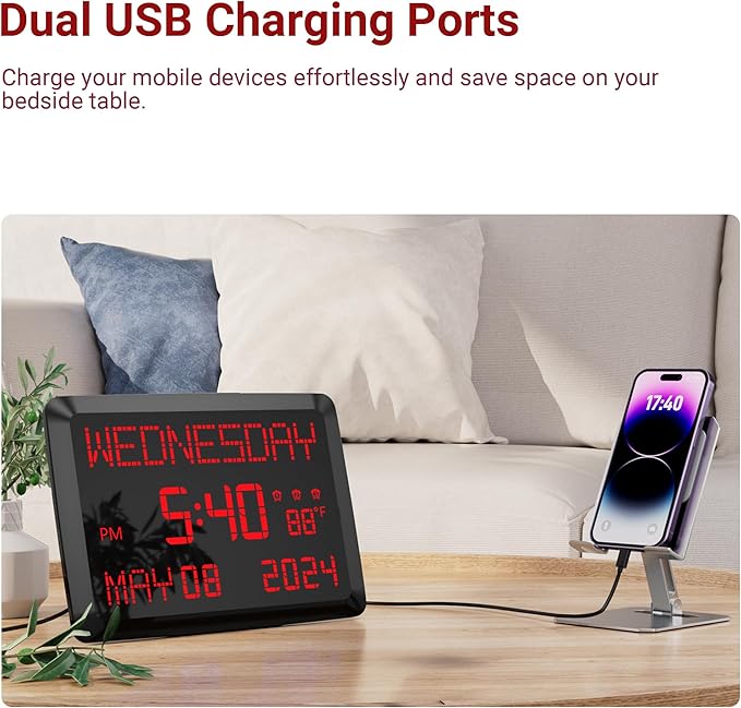 Mesqool Digital Clock, 11.5” Digital Wall Clock with Date,Time,Week, Indoor Temperature, Dimmable, Snooze, 12/24H for Living Room, Elderly, Seniors, Dementia, Alzheimers' Calendar Clock