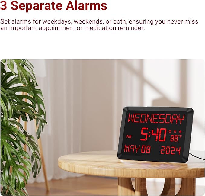 Mesqool Digital Clock, 11.5” Digital Wall Clock with Date,Time,Week, Indoor Temperature, Dimmable, Snooze, 12/24H for Living Room, Elderly, Seniors, Dementia, Alzheimers' Calendar Clock