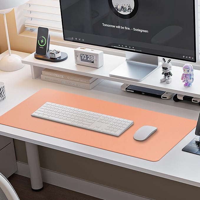 Boutilon Leather Desk Pad Protector,Non-Slip Mouse Pad,Laptop Desk Pad,Office Mouse Mat,Waterproof Leather Desk Blotter,Desk Writing Pad for Office and Home (XXXL-Orange Pink,47"x 24")