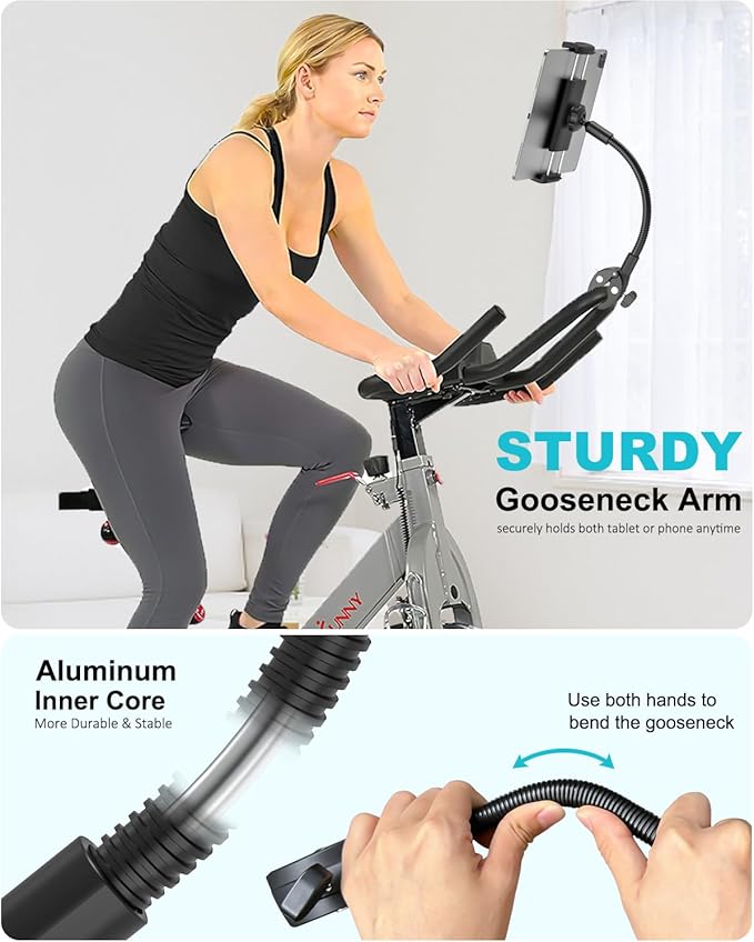 Spin Bike Tablet Holder - Metal Gooseneck Treadmill Tablet Mount, Anti-Shake Elliptical Handlebar Clamp for iPad Pro 13 12.9 Mini Air, Tab, Z Fold, 4-13" Devices