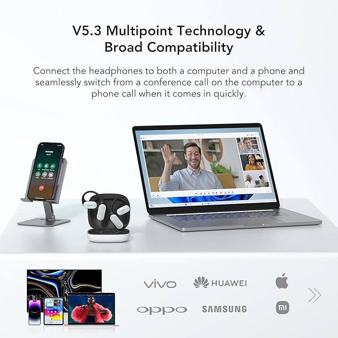 MemPod Fit 2 Open Ear Bluetooth Headphones, Wireless Earbuds with Deep Bass, Up to 45H Playtime with Charging Case, Ultra Comfort, Dual Connection, Air Conduction, for Phone/Mac, White