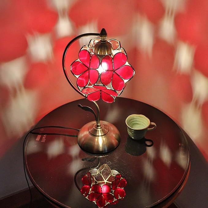 Bieye L10874 Tiffany Style Stained Glass Flower Petal Table Lamp with Brass Base for Home Décor (Red, 8" Cherry Blossom)
