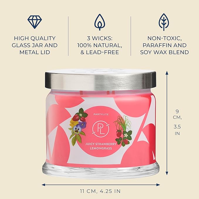 PartyLite Juicy Strawberry Lemongrass Scented, Notes of Lemongrass, Eucalyptus, Pansies, Verbena & Cedarwood, 13.2oz 3-Wick Jar Candle, 45 Hour Burn Time, Luxurious Fragrance, Ideal for Gifting