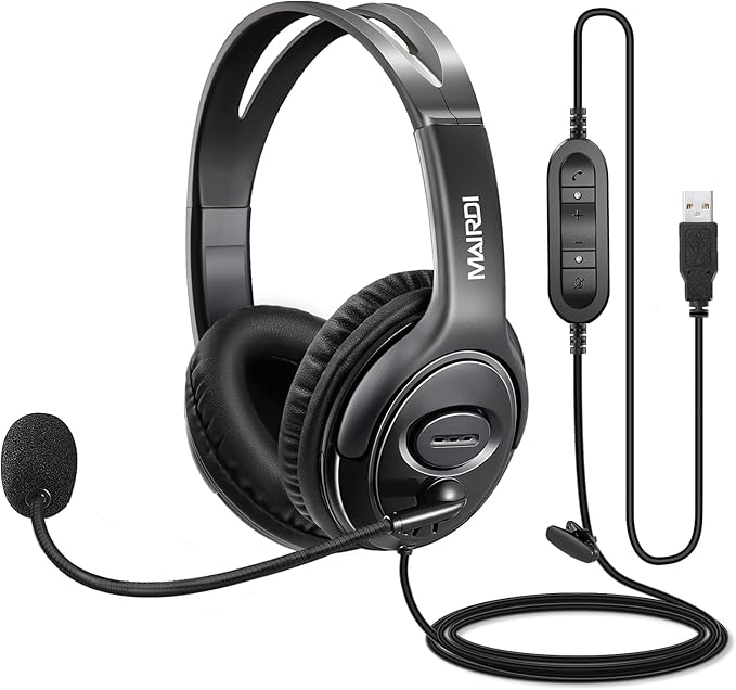 MAIRDI USB Headset with Microphone for PC, Computer Headset with Mic Noise Canceling for Laptop Teams Zoom Office Work Call Center Business Softphone, Dictation Headset for Dragon Naturelly Speaking