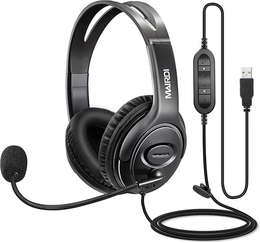 MAIRDI USB Headset with Microphone for PC, Computer Headset with Mic Noise Canceling for Laptop Teams Zoom Office Work Call Center Business Softphone, Dictation Headset for Dragon Naturelly Speaking