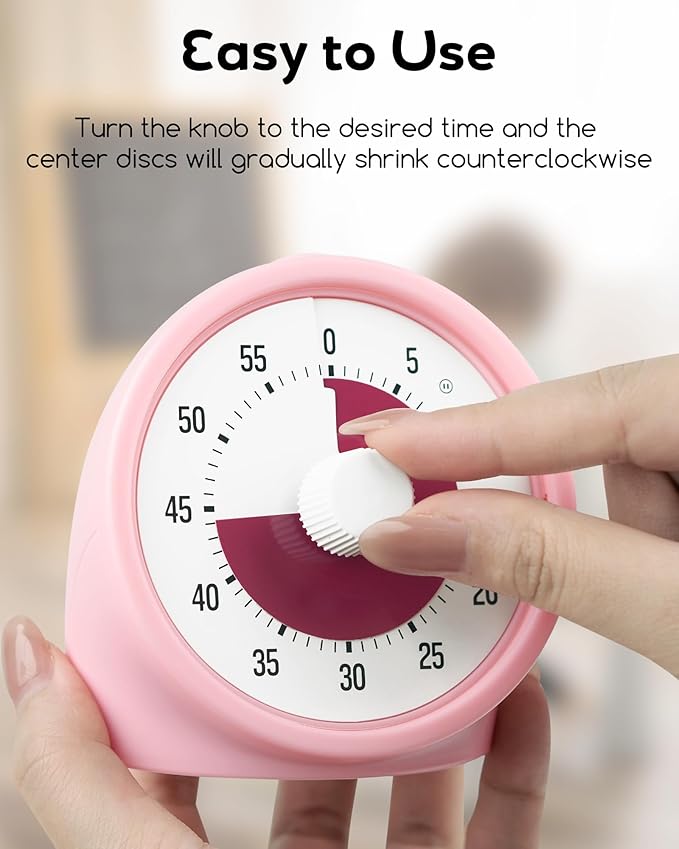Visual Timer for Kids with Pause Button, 60-Minute Countdown Timer with Silent Operation, Desk Pomodoro Timer Kid Time Management Tools for Classroom, Office and Kitchen, Pink