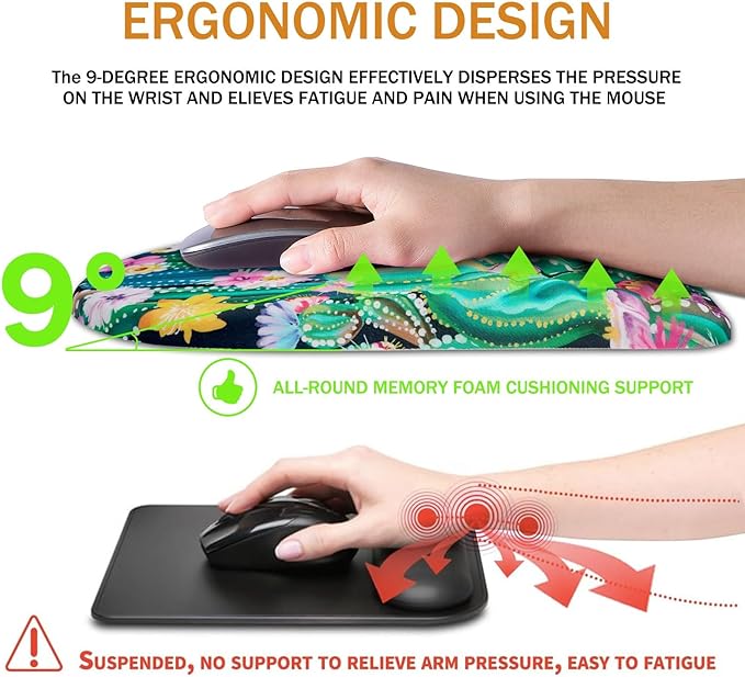 Ergonomic Mouse Pad Wrist Support,Upgrade Mousepad with Massage Design,Non-Slip PU Base Desktop Mouse Pads for Pain Relief, Computer, Office & Home,12 x 8 in（F-Abstract Cactus）